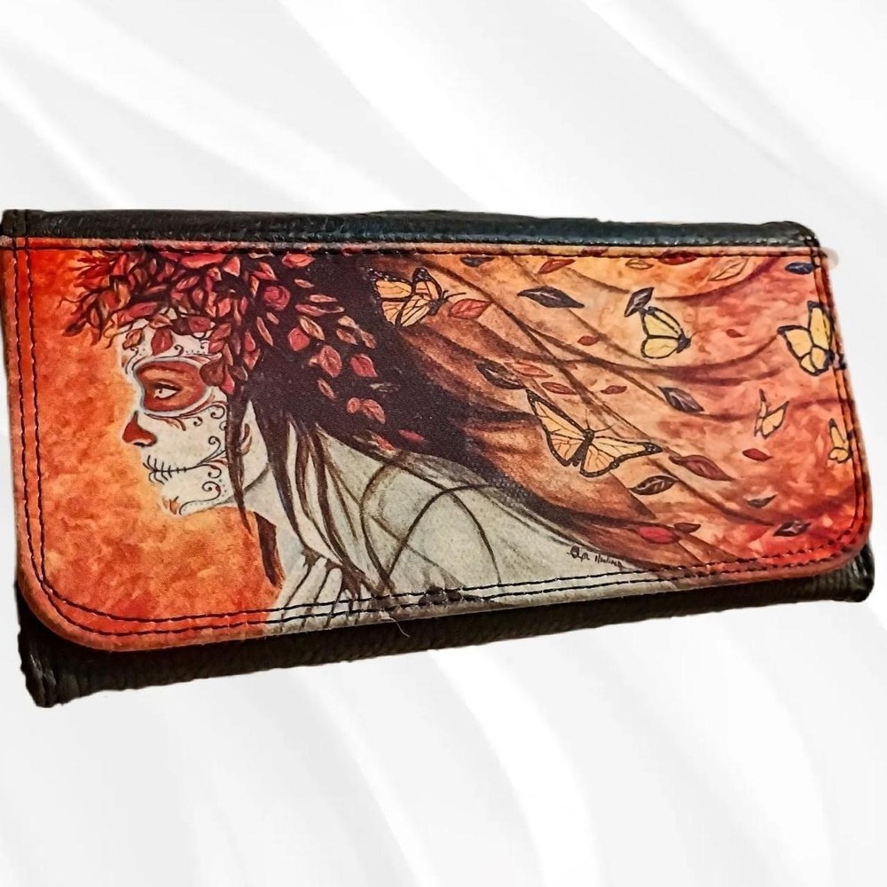 Trifold Wallet Black Day of the Dead Sugar Skull Lady
